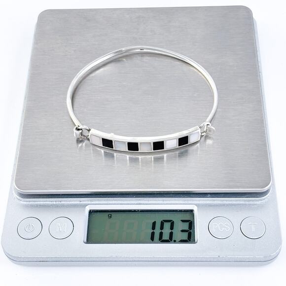 Vintage Thailand ATI Sterling Silver 925 Mother of Pearl Onyx Inlay Bangle 6.75" - Picture 8 of 10